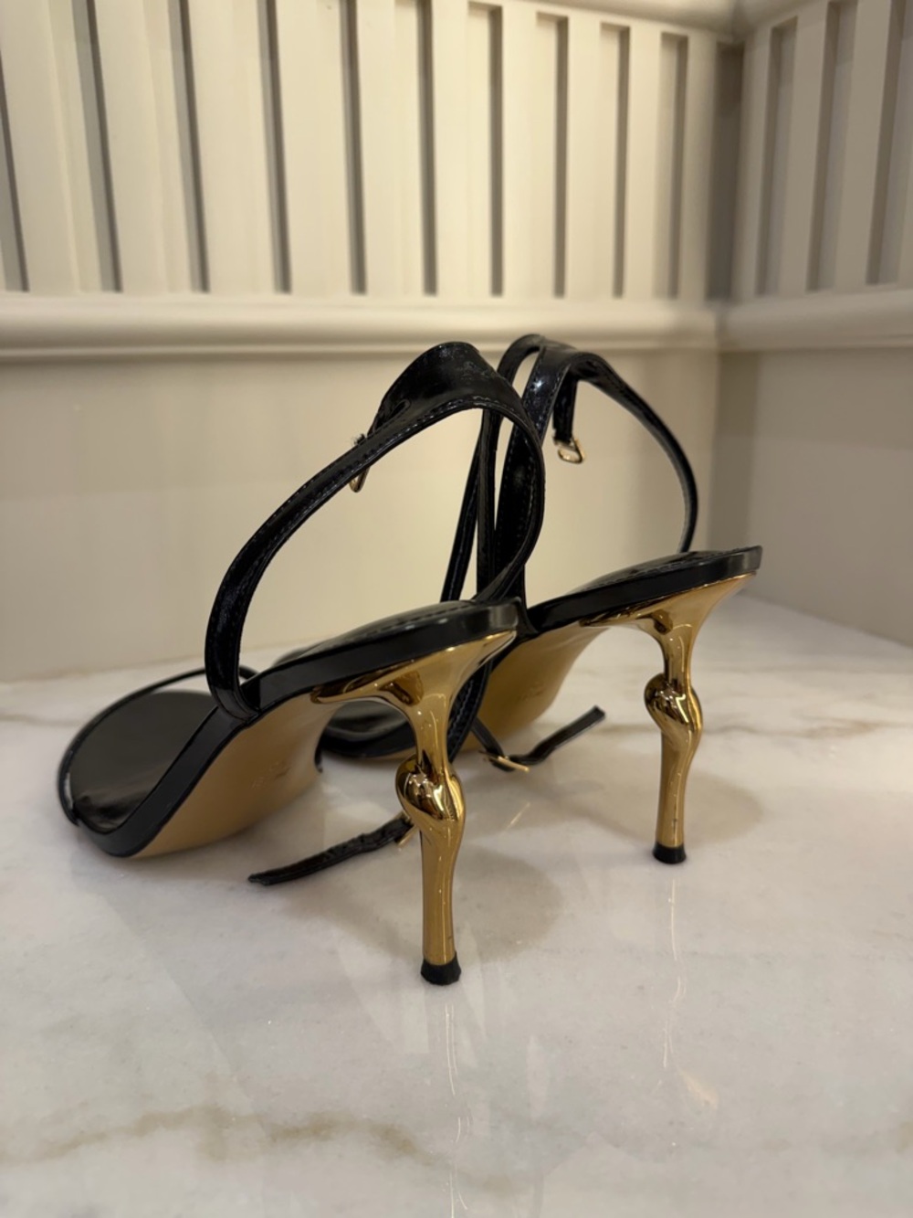 JW PEI Black Patent Strappy Sandal with Gold Stiletto Heel - Picture 2 of 5